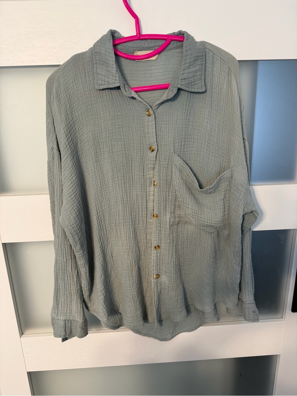 Altar'd State Sage Green Button-Front Gauze Shirt